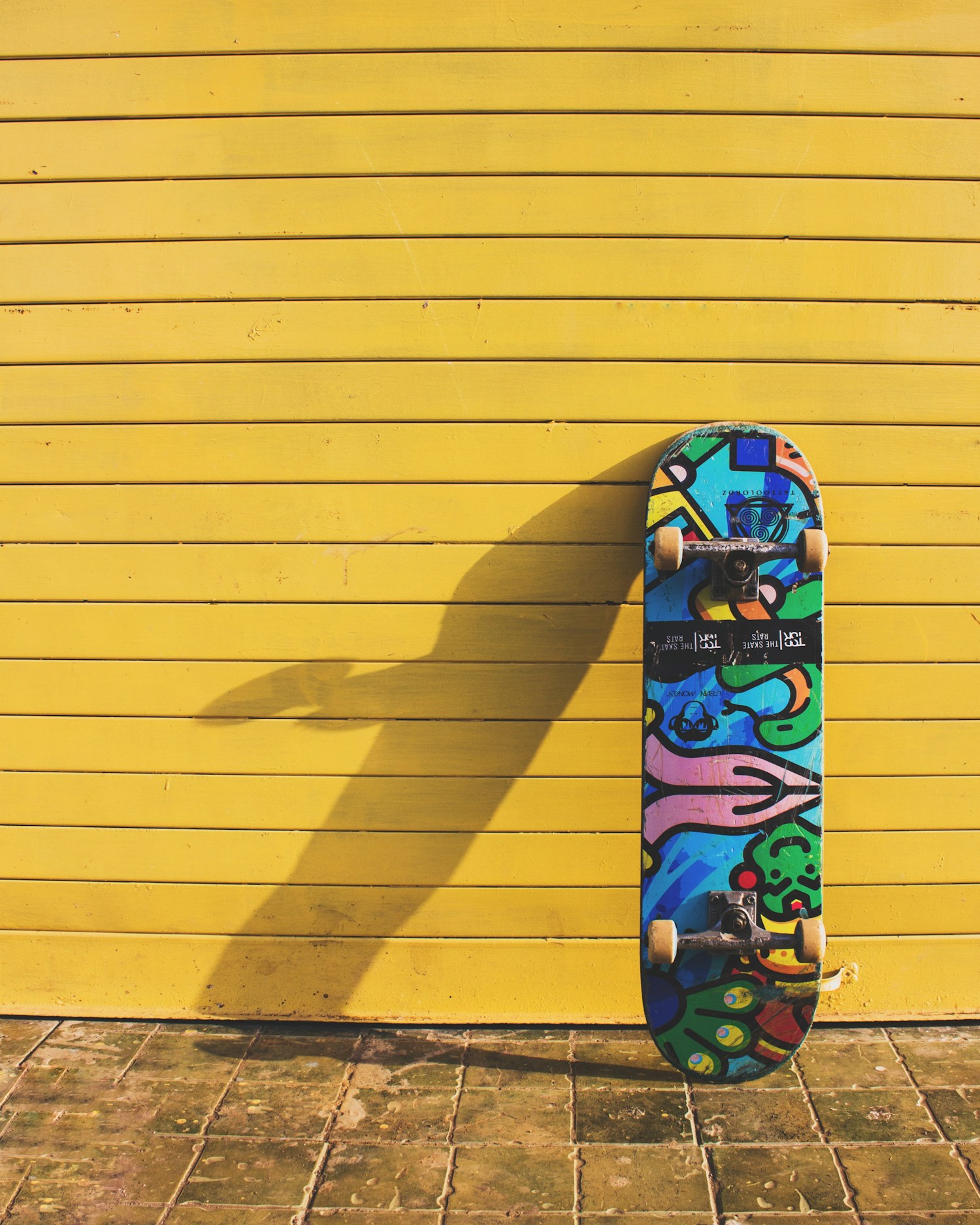 Skateboard e ombra lunga sull'asfalto nella luce calda della strada.